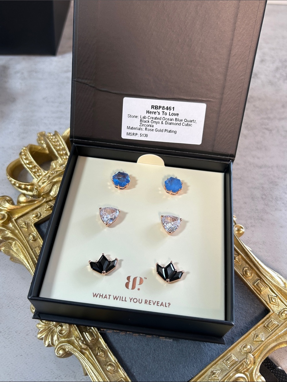 Rose Gold Plated Triple Stud Earring Set with Ocean Blue, Clear and Black Stones